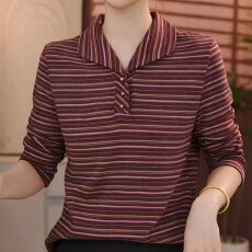 批发中老年女士宽松大码薄款条纹Polo领长袖T恤春<b class='q'>秋</b>季妈妈装显瘦舒适