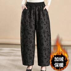 批发<b class='q'>中老年</b>女士加绒保暖阔腿裤高腰松紧腰大码宽松显瘦黑色花卉提花棉