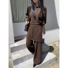 批发秋季休闲两件套<b class='q'>女</b>装圆领长袖宽松针织衫假两件裤裙气质穿搭套装