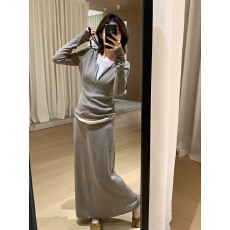 批发网红同款针织套装女假两件拼接连帽长袖上衣修身长款半身裙<b class='q'>两件套</b>