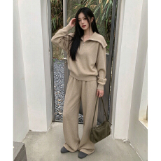 批发慵懒松弛感针织套装女翻领半拉链长袖上衣<b class='q'>高腰</b>垂感阔腿裤两件套