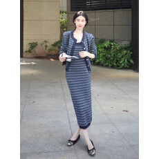 批发温柔复古针织<b class='q'>两件套</b>女小香风开衫外套条纹吊带长裙日常百搭套装