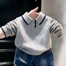 批发儿童Polo领针织毛衣春<b class='q'>秋</b>冬季竖坑条男女宝宝翻领软糯套头内搭上衣