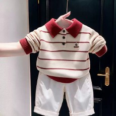 批发学院风撞色POLO领长袖条纹毛针织衫 百搭减龄