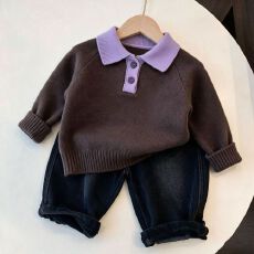 批发韩版撞色POLO领插肩长袖套头毛针织衫 百搭温柔