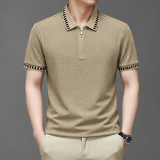 批发【】铭鹊鼠M-4XL 230克小皱提花复古老钱风拉链男<b class='q'>短袖</b>T恤polo