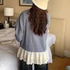 批发大码胖MM韩系芭蕾风下摆拼接<b class='q'>格子衬衫</b>女春季新款宽松休闲百搭上衣