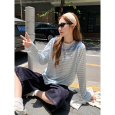 批发美式印花海军领条纹长袖T恤女2025<b class='q'>夏</b>季宽松轻薄微透防晒罩衫上衣