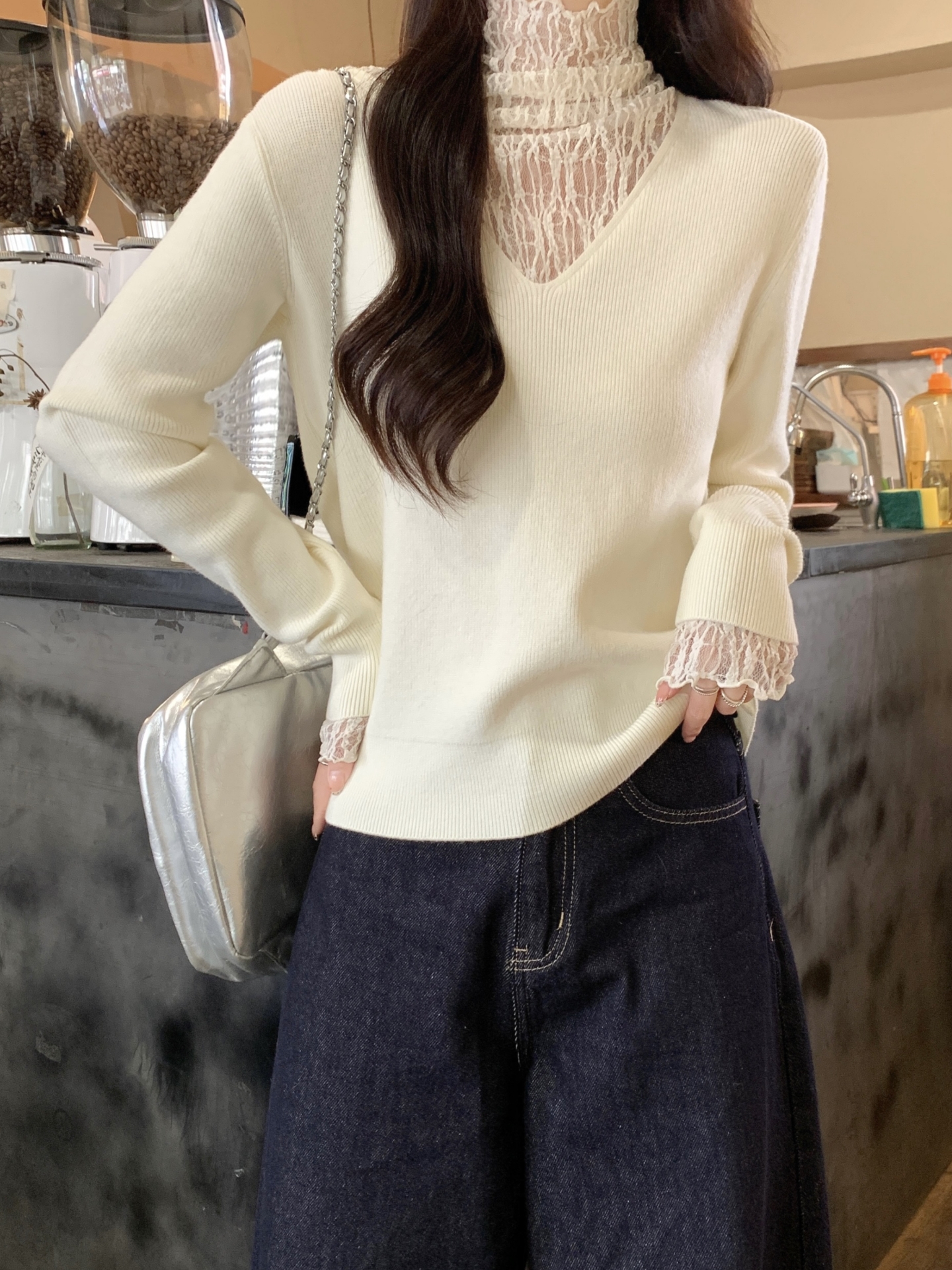 MY17655# 韩系温柔风蕾丝拼接长袖针织衫高级感气质宽松内搭打底上衣女...