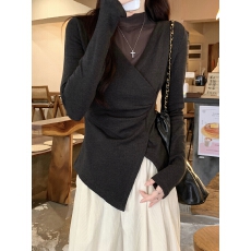 批发设计感网纱拼接<b class='q'>长袖</b><b class='q'>t</b><b class='q'>恤</b>女冬季新款磨毛薄绒不规则修身打底衫上衣