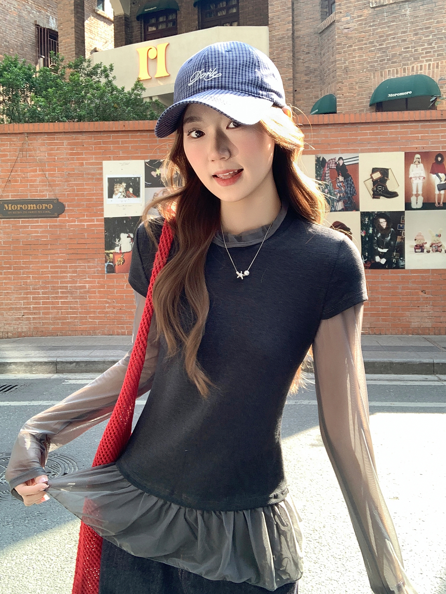 MY17647# 纯欲网纱拼接圆领打底衫新款修身显瘦超好看假两件上衣女裝貨源服裝批發