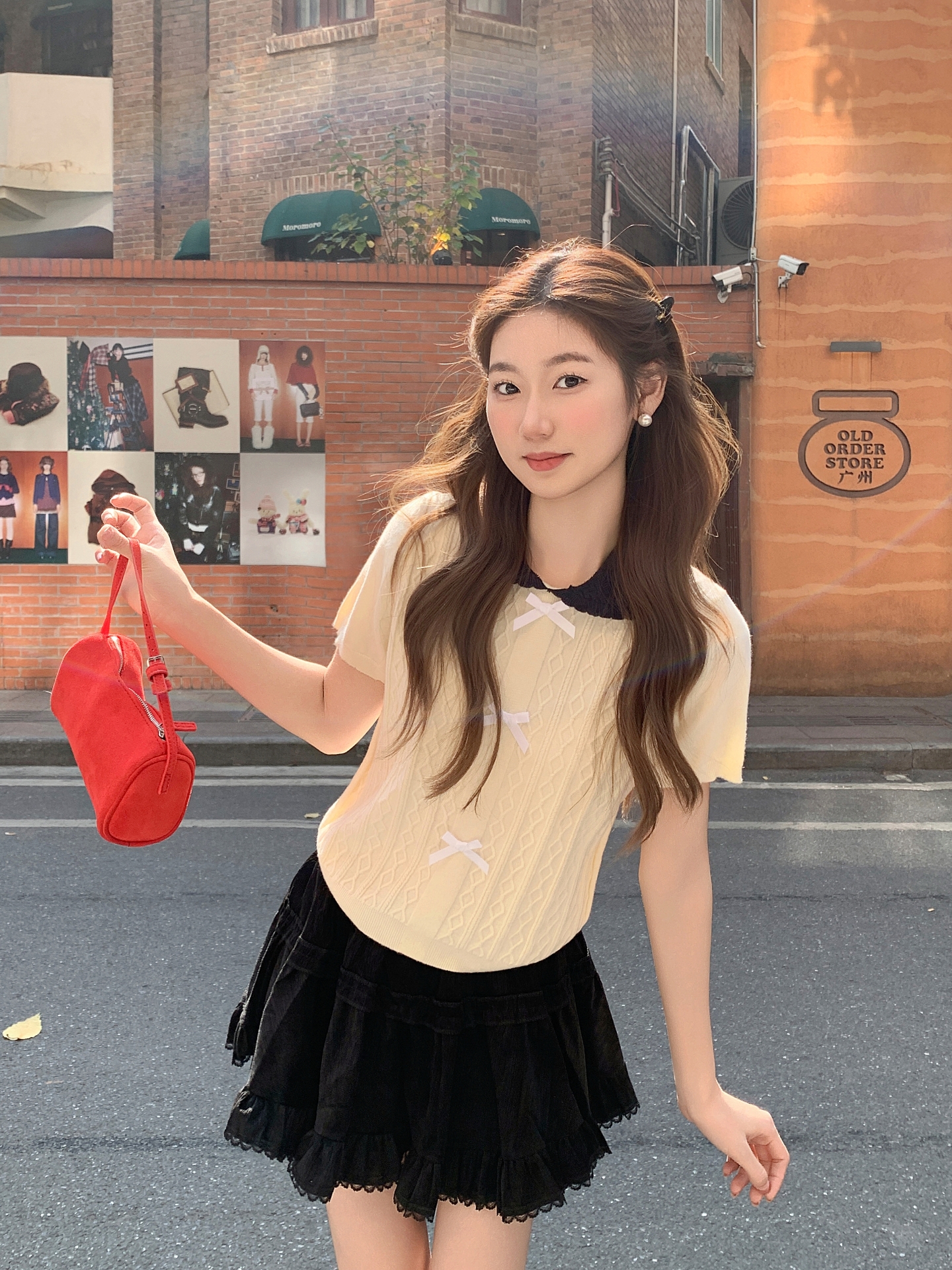 MY17645# 法式娃娃领蝴蝶结拼接短袖针织衫新款修身显瘦洋气上衣女裝貨源服裝批發