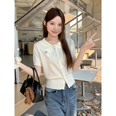 批发蕾丝拼接娃娃领短袖<b class='q'>针织衫</b><b class='q'>女</b>2026春夏季新款舒适软糯<b class='q'>开衫</b>百搭上衣