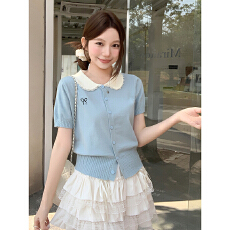 批发韩系蕾丝拼接娃娃领短袖<b class='q'>针织衫</b><b class='q'>女</b>春夏季新款洋气减龄百搭<b class='q'>开衫</b>上衣
