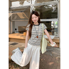 韩系复古撞色条纹圆领t恤衫女2026夏季新款时尚休闲显瘦小众上衣