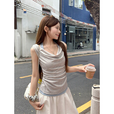 批发韩系设计感荡领<b class='q'>条纹</b>背心<b class='q'>T</b><b class='q'>恤</b>女夏季新款收腰显瘦辣妹风假两件上衣