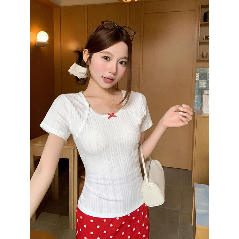 RY4269# 蕾丝边圆领短袖t恤女夏季新款韩系辣妹风修身显手百搭衫通勤上...