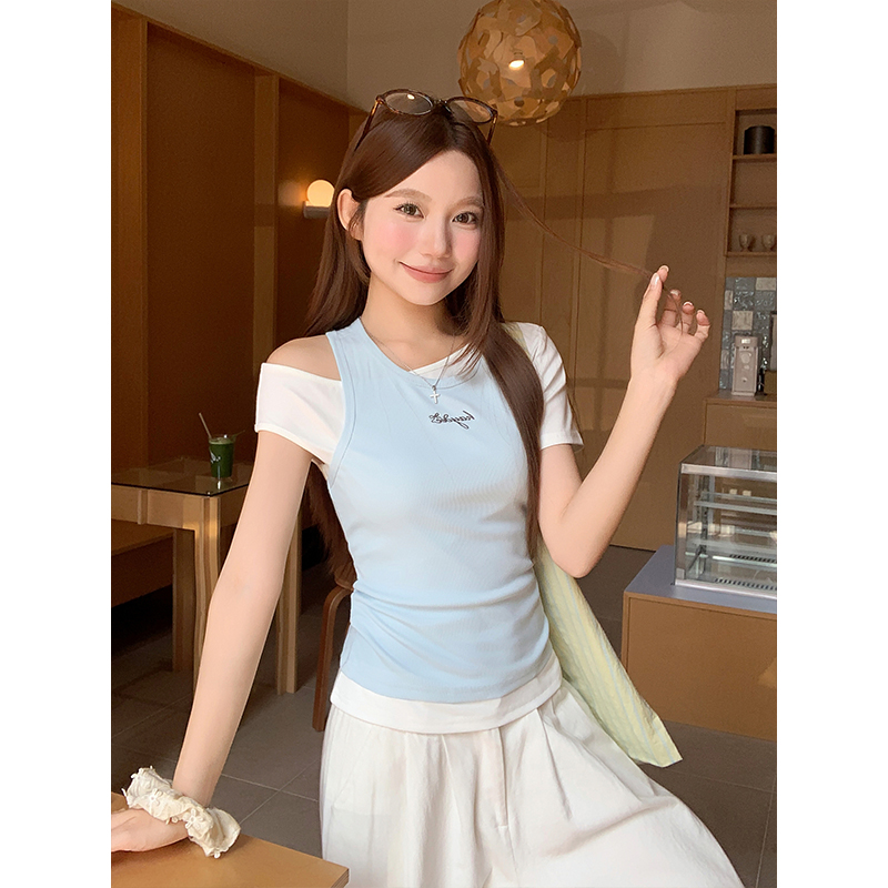 RY4268# 纯欲风真两件露肩t恤女夏季新款韩系修身显瘦辣妹短袖上衣两件...