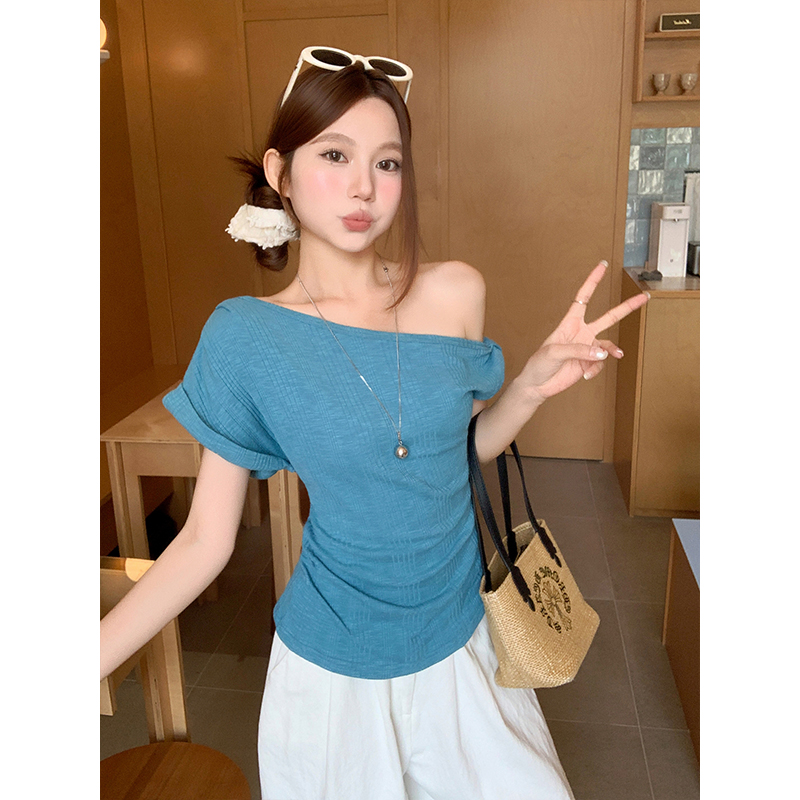 RY4266# 纯欲风蓝色显白斜领露肩短袖t恤女夏季新款收腰显瘦百搭通勤上...