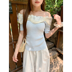 批发一字领荷叶边短袖针织衫女2026年夏季新款设计感露肩修身显瘦上衣