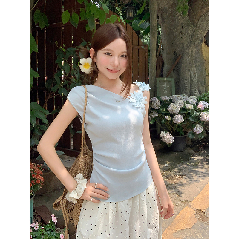 순수한 욕망 바람 비스듬한 칼라 슬립 민소매 조끼 티셔츠 여성 여름 새로운 달콤한 스타일 허리 수축 슬림해 보이는 연령 감소 맨위