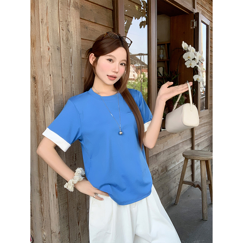 톰 글 래 원인 블루 배색 흰색 가장자리 반팔 티셔츠 여성 여름 새로운 한 부서 루즈핏 슬림해 보이는 라운드 넥 다용도 맨위