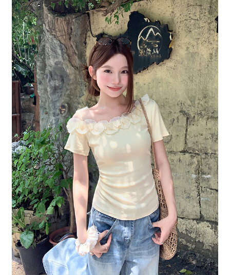 핫걸 망사 레이스 오프숄더 반팔 티셔츠 여성 여름 새로운 순수한 욕망 바람 허리 수축 슬림해 보이는 작은 대중 아름다운 맨위