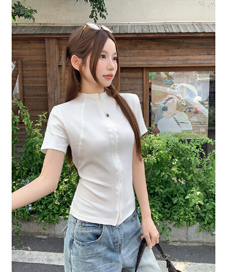 스탠드 칼라 더블 머리 지퍼 화이트 핫걸 티셔츠 여성 여름 새로운 몸매 가꾸기 슬림해 보이는 섹시함 순수한 욕망 바람 반팔 맨위