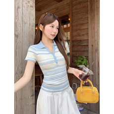 批发辣妹风蓝白条纹polo领针织衫女<b class='q'>夏</b>季新款修身显瘦纯欲收腰短袖上衣