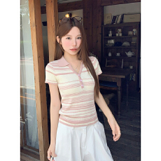 批发辣妹风撞色条纹翻领短袖针织衫女<b class='q'>夏</b>季新款修身显瘦纯欲风收腰上衣