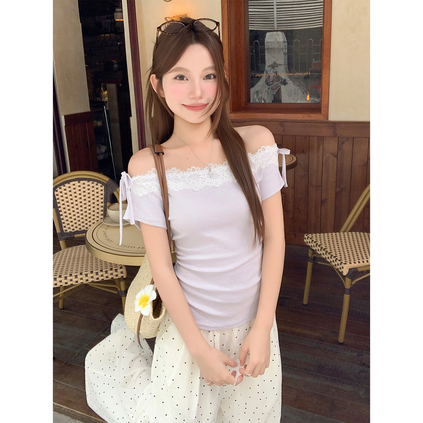 작은 대중 아니요 명중 섹션 연한 자주색 오프숄더 레이스 티셔츠 여성 여름 새로운 순수한 욕망 바람 오프숄더 허리 수축 슬림해 보이는 맨위