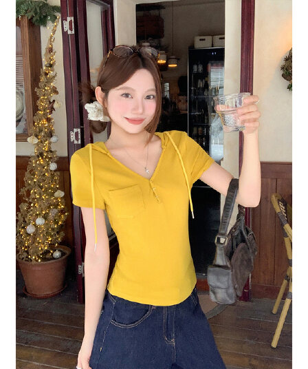한 부서 헨리 칼라 후드 반팔 티셔츠 여성 여름 새로운 디스플레이 화이트 황색 주머니 몸매 가꾸기 슬림해 보이는 다용도 맨위