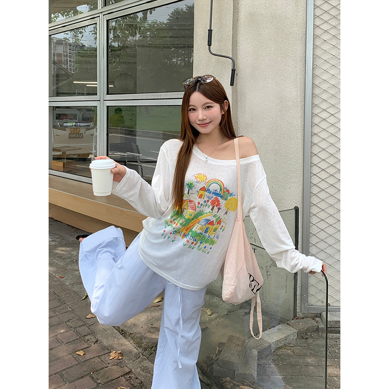 화이트 낙서 라운드 넥 비스듬한 어깨 둘 착용 태양 보호 셔츠 여성 여름 새로운 한 부서 무지개 프린트 루즈핏 슬림해 보이는 맨위