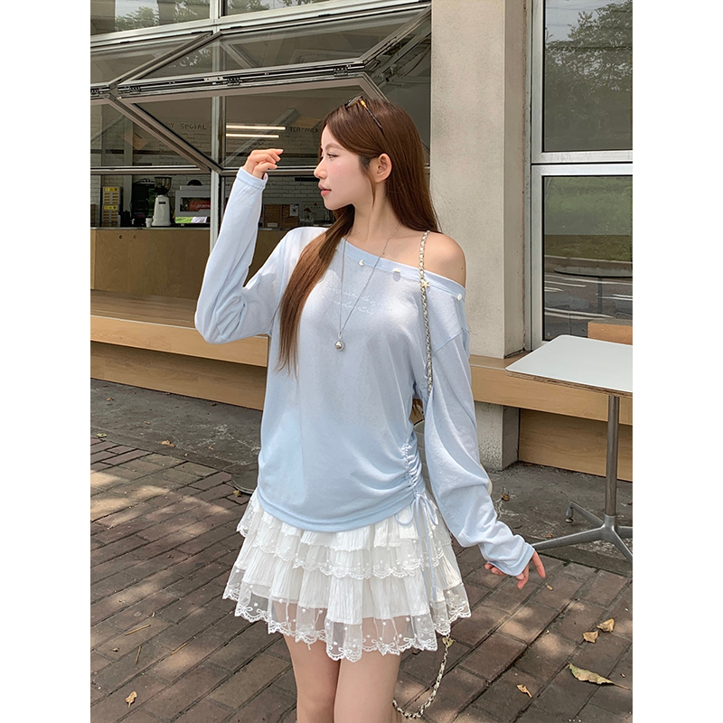달콤한 매운맛 바람 오프숄더 자외선 차단 블라우스 여성 여름 새로운 조개 장식 측면 펌프 로프 루즈핏 슬림해 보이는 맨위