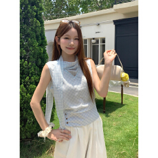 批发撞色格纹飘带无袖<b class='q'>衬衫</b>背心女夏季新款<b class='q'>假两件</b>设计收腰显瘦通勤上衣