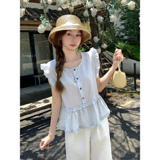 批发韩系荷叶边小飞袖波点娃娃衫<b class='q'>女</b>夏新款减龄木耳边宽松遮肉<b class='q'>衬衫</b>上衣