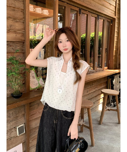 순수한 욕망 바람 도트 무늬 페이크 레이어드 반팔 여성 셔츠 여름 새로운 루즈핏 슬림해 보이는 디자인 센스 핫걸 바람 연령 감소 맨위