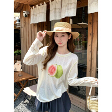 批发韩系水果印花撞色圆领防晒衫女夏新款辣妹风薄款透气宽松罩衫上衣