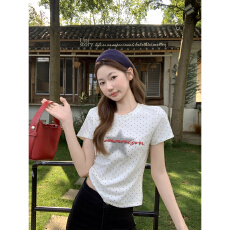 批发辣妹风波点星星印花圆领t恤女夏季新款韩系修身显瘦百搭正肩上衣