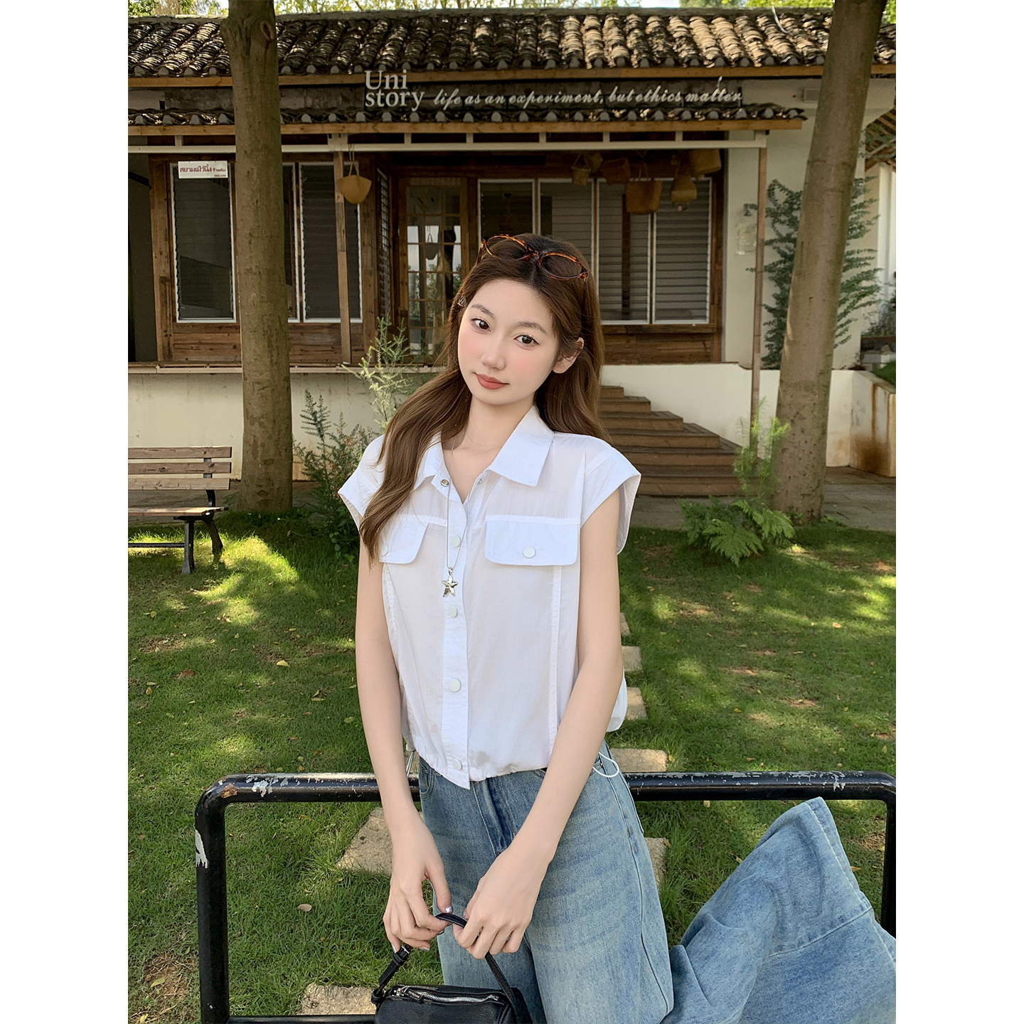 단색 폴로 칼라 민소매 POLO 셔츠 여성 셔츠 여름 새로운 한 부서 핫걸 워크웨어 바람 다용도 출퇴근 짧은 맨위