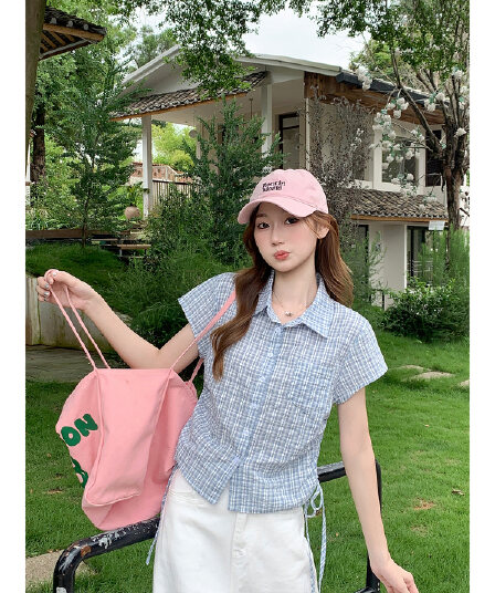 한 부서 레트로 배색 체크무늬 반팔 여성 셔츠 여름 새로운 측면 수 있습니다. 조정 스트랩 허리 수축 작은 키 맨위