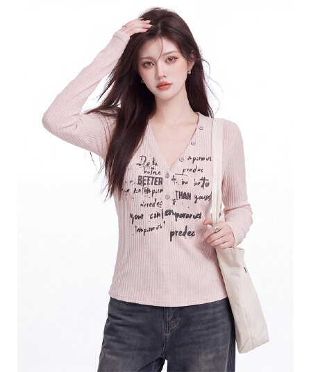 레트로 알파벳 프린트 V넥 긴팔 티셔츠 여성 이른 가을 새로운 핫걸 바람 몸매 가꾸기 쇼트 스타일 구덩이 기사 슬림해 보이는 짧은 맨위
