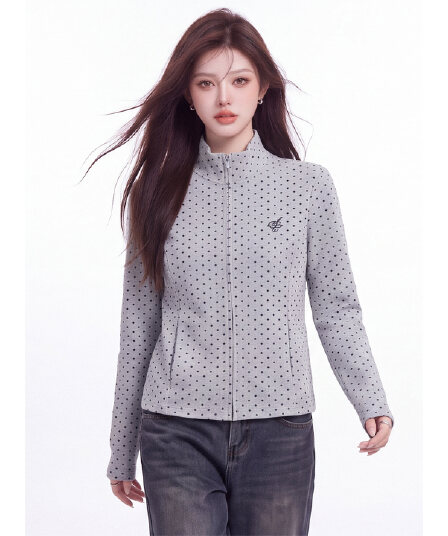 회색 도트 무늬 스탠드 칼라 지퍼 오픈 가디건 티셔츠 여성 가을 새로운 미니멀리즘 슬림해 보이는 더블 주머니 캐주얼 긴팔 재킷