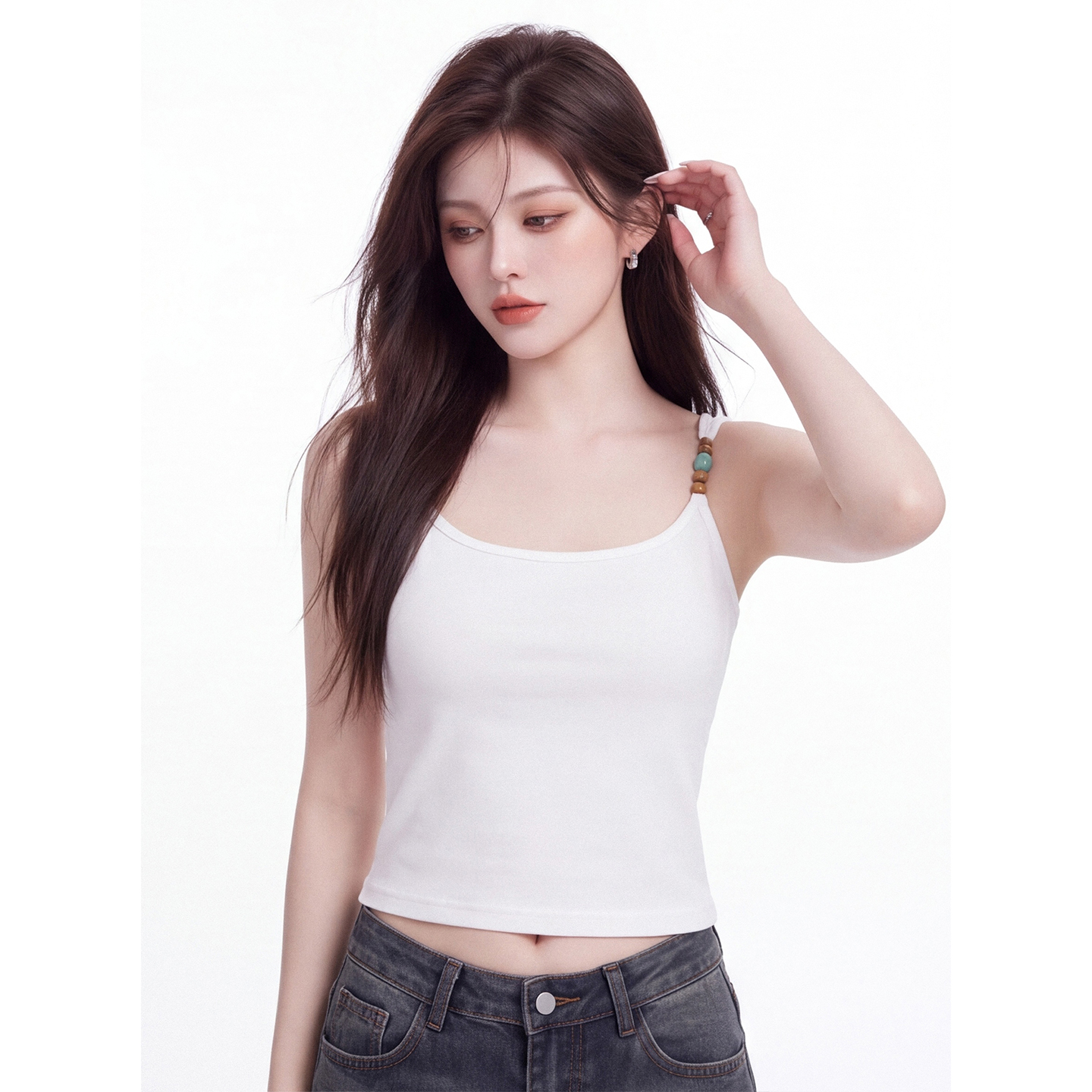 RY7905# 带胸垫一体没背吊带背心女夏新款纯欲风u领修身显瘦外穿衫上衣