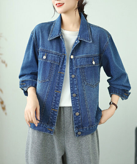 실사 봄 가을 캐주얼 워싱 순면 부드러운 데님 여성 코트 폴로 칼라 쇼트 스타일 데님 재킷 긴팔 맨위