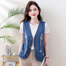 批发实拍复古绣花<b class='q'>牛仔</b><b class='q'>马甲女</b>设计感<b class='q'>牛仔</b>坎肩外穿马夹V领百搭刺绣开衫